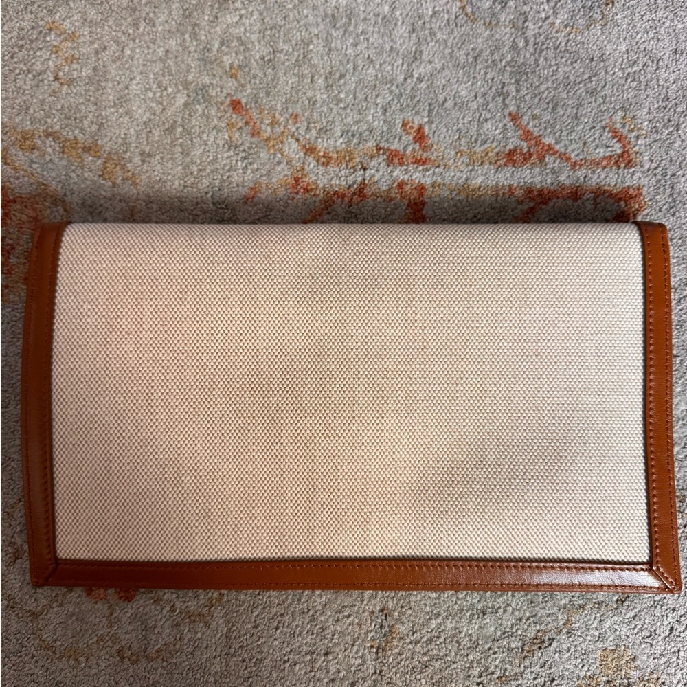 Saint Laurent Uptown Pouch Clutch Canvas & Smooth Leather YSL Envelope Beige Bro - Picture 2 of 3